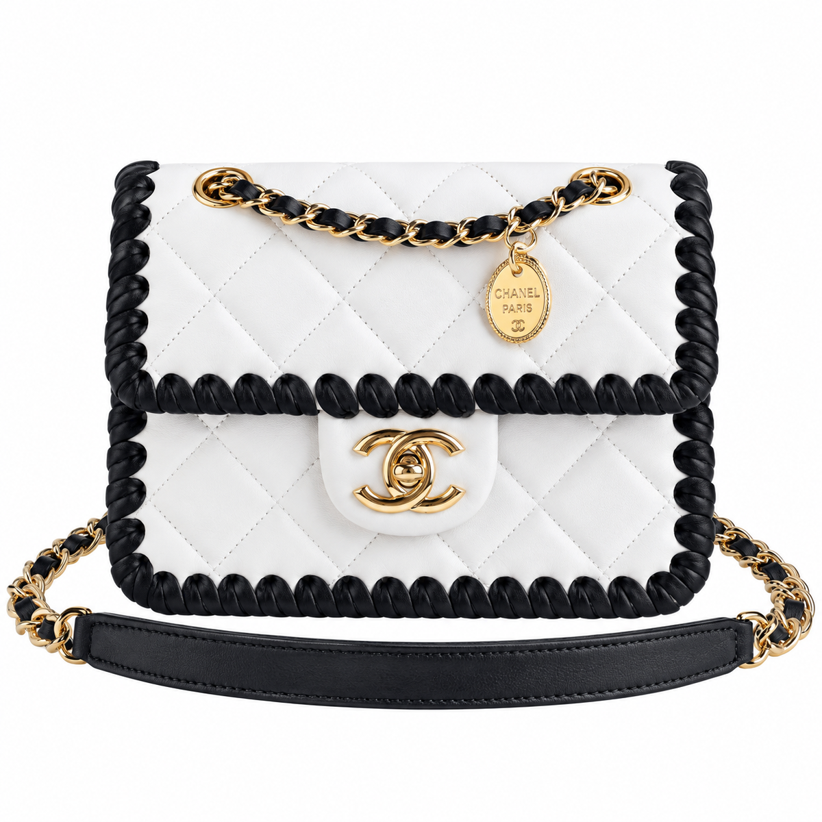Chanel White Quilted Flap Bag with Black Braided Edge