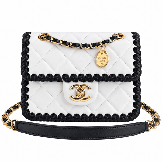 Chanel White Quilted Flap Bag with Black Braided Edge