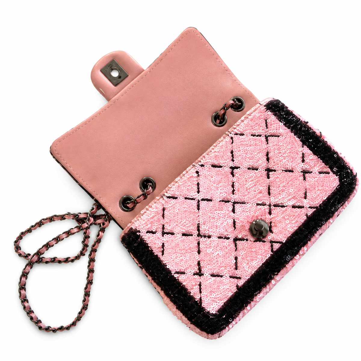 Chanel Quilted Pink and Black Sequin Classic Flap Bag with Gunmetal Chain
