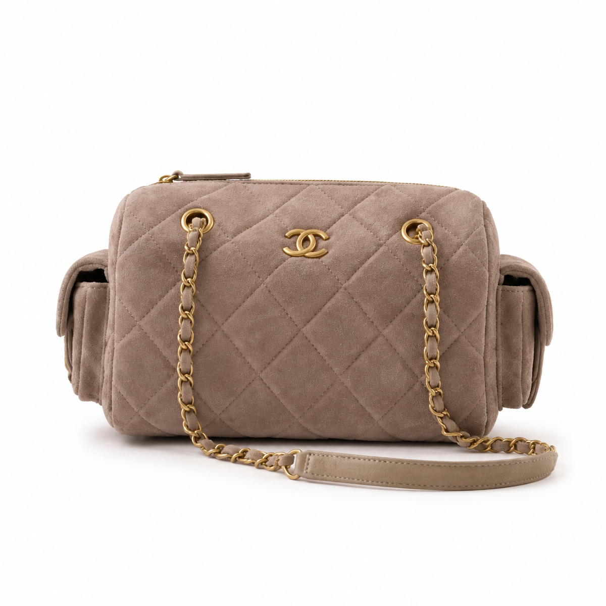 Chanel Quilted Taupe Suede Camera Bag with Antique Gold CC Logo