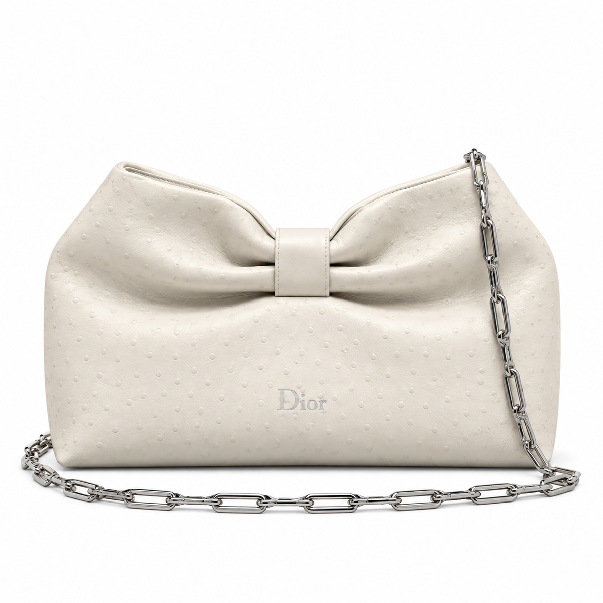 Dior Bow Bag in Ivory Ostrich-Embossed Leather with Silver Paperclip Chain