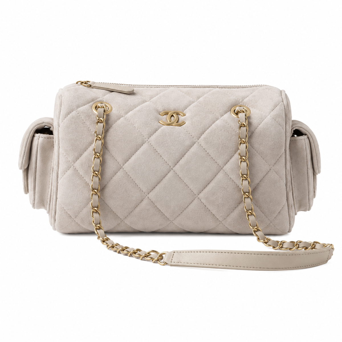 Chanel Quilted Off-White Suede Camera Bag with Gold CC Logo
