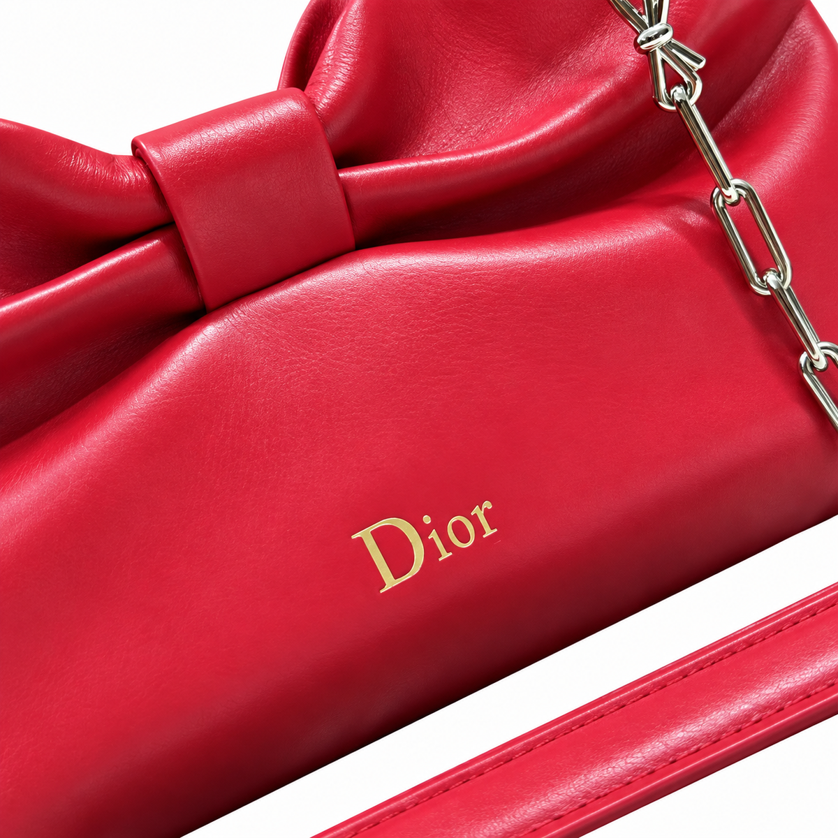 Dior Bow Bag in Rouge Red Lambskin Leather with Silver Chain Strap
