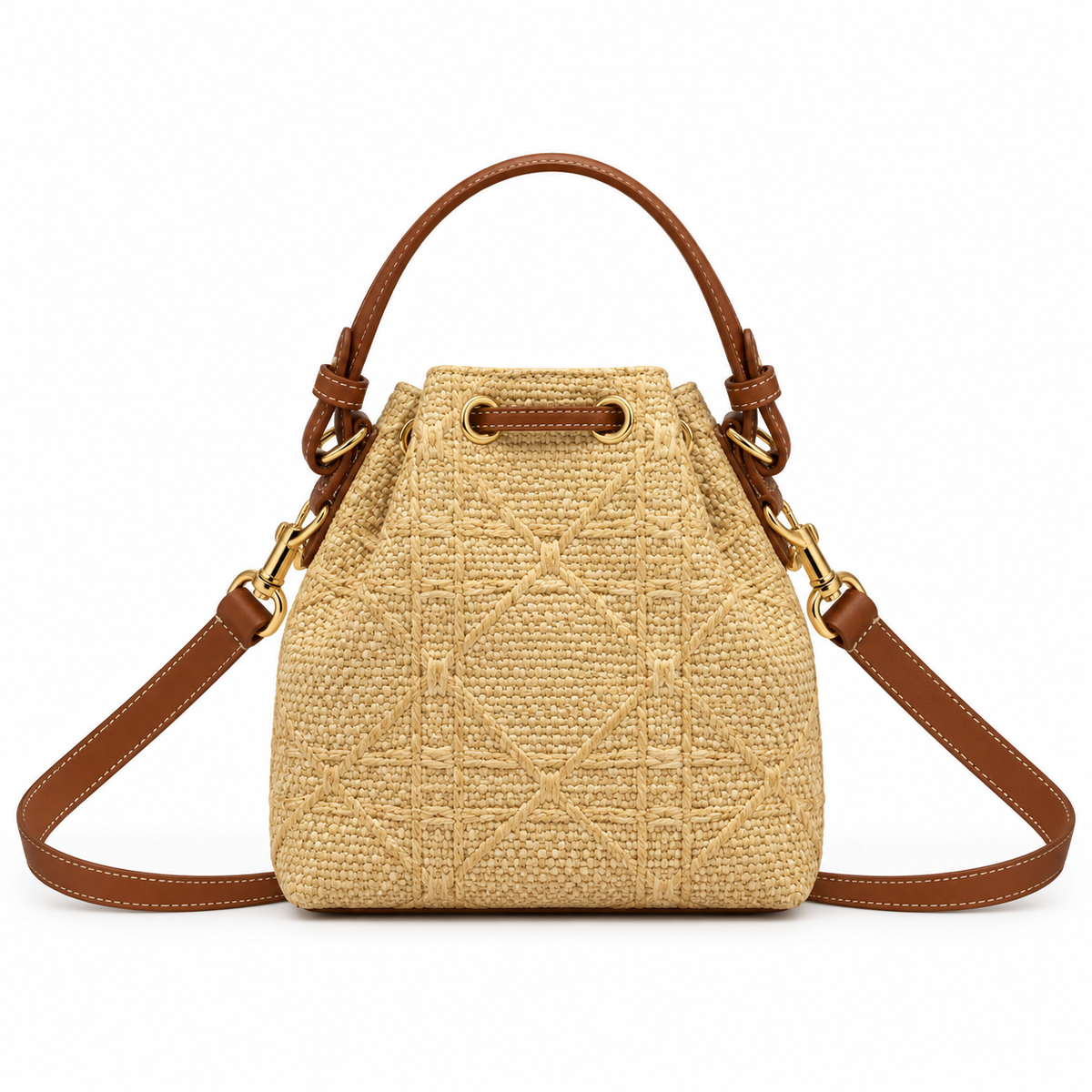 Dior Raffia Woven CD Logo Drawstring Bucket Bag