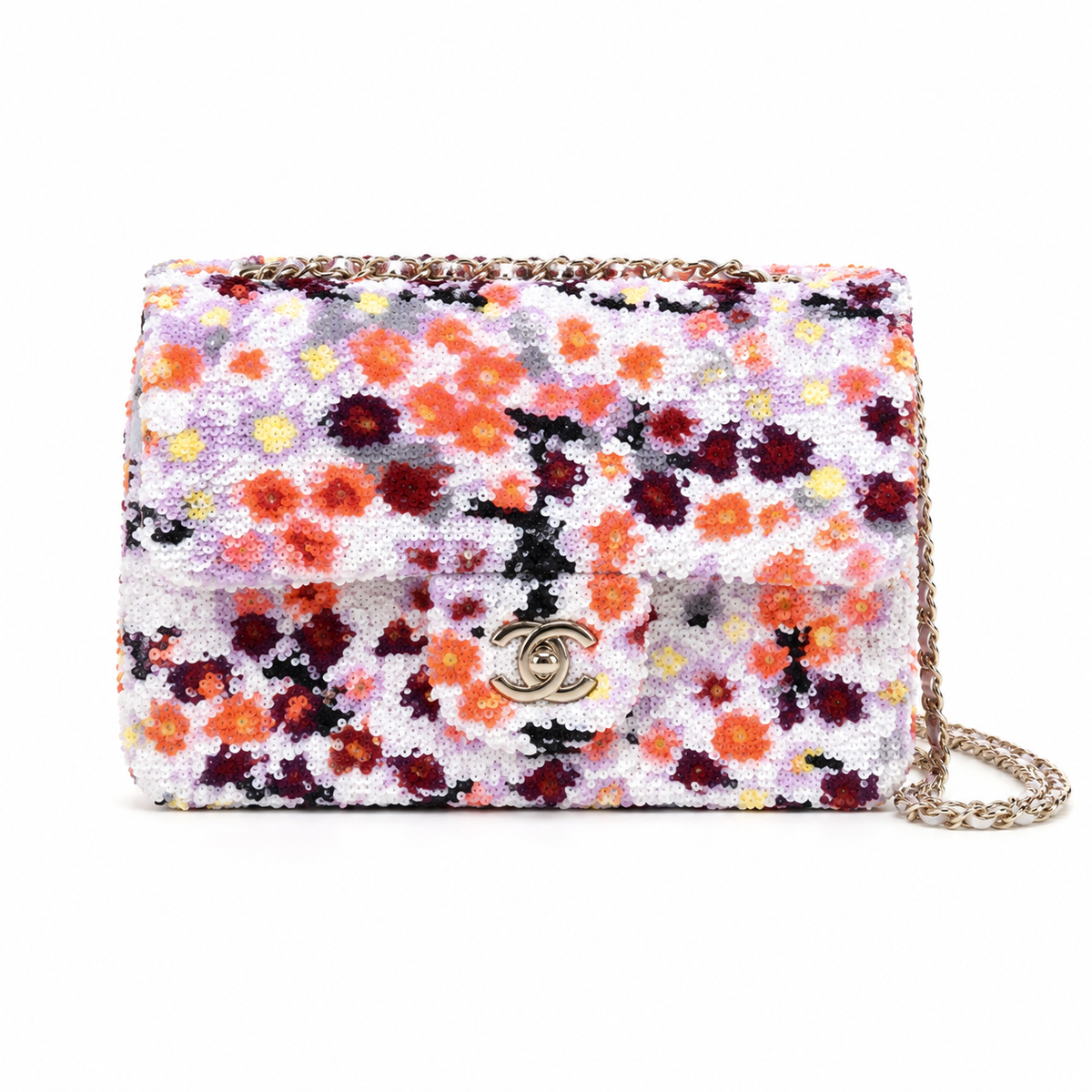 Chanel Classic Flap Bag in Floral Sequin Print with Gold CC Lock