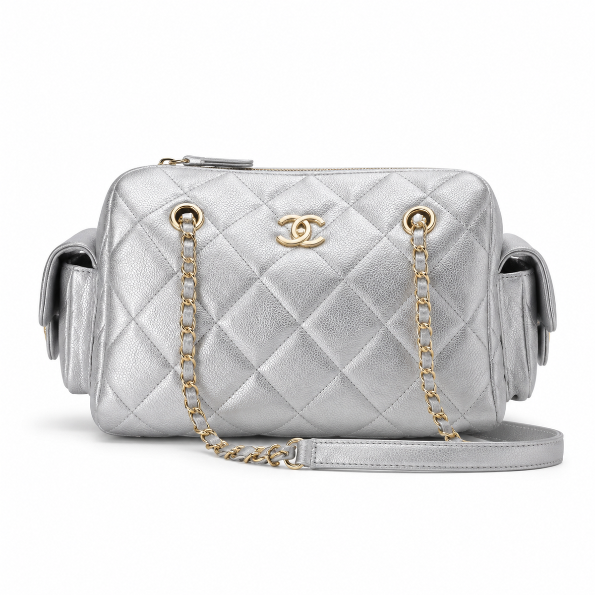 Chanel Quilted Silver Metallic Camera Bag with Gold CC Logo