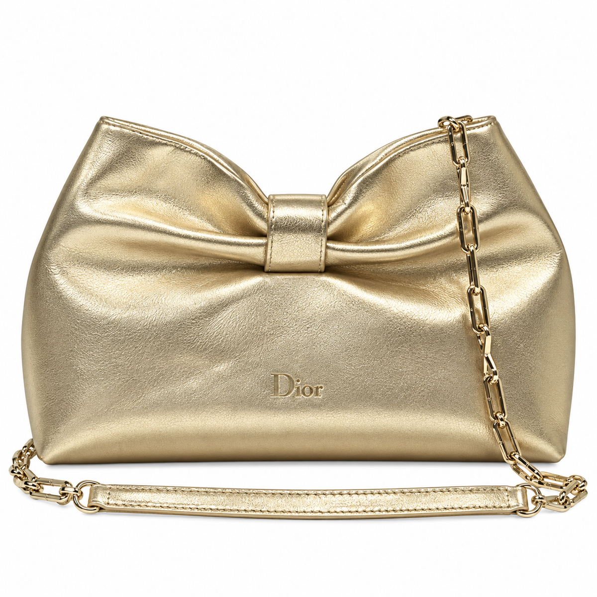 Dior Bow Bag in Champagne Gold Metallic Leather with Gold Chain Strap