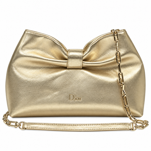 Dior Bow Bag in Champagne Gold Metallic Leather with Gold Chain Strap