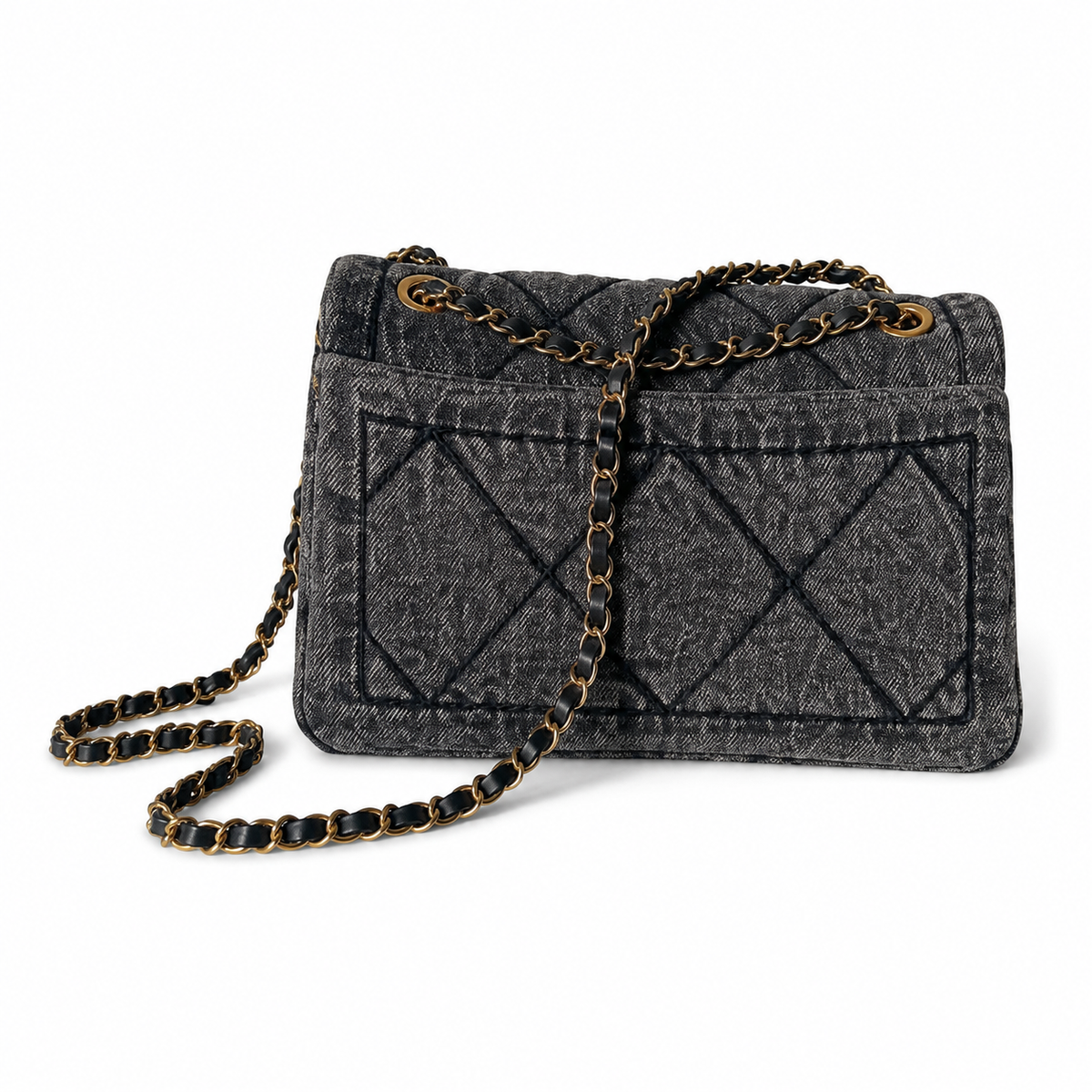 Chanel Quilted Charcoal Denim Flap Bag with Gold CC Lock and Charm