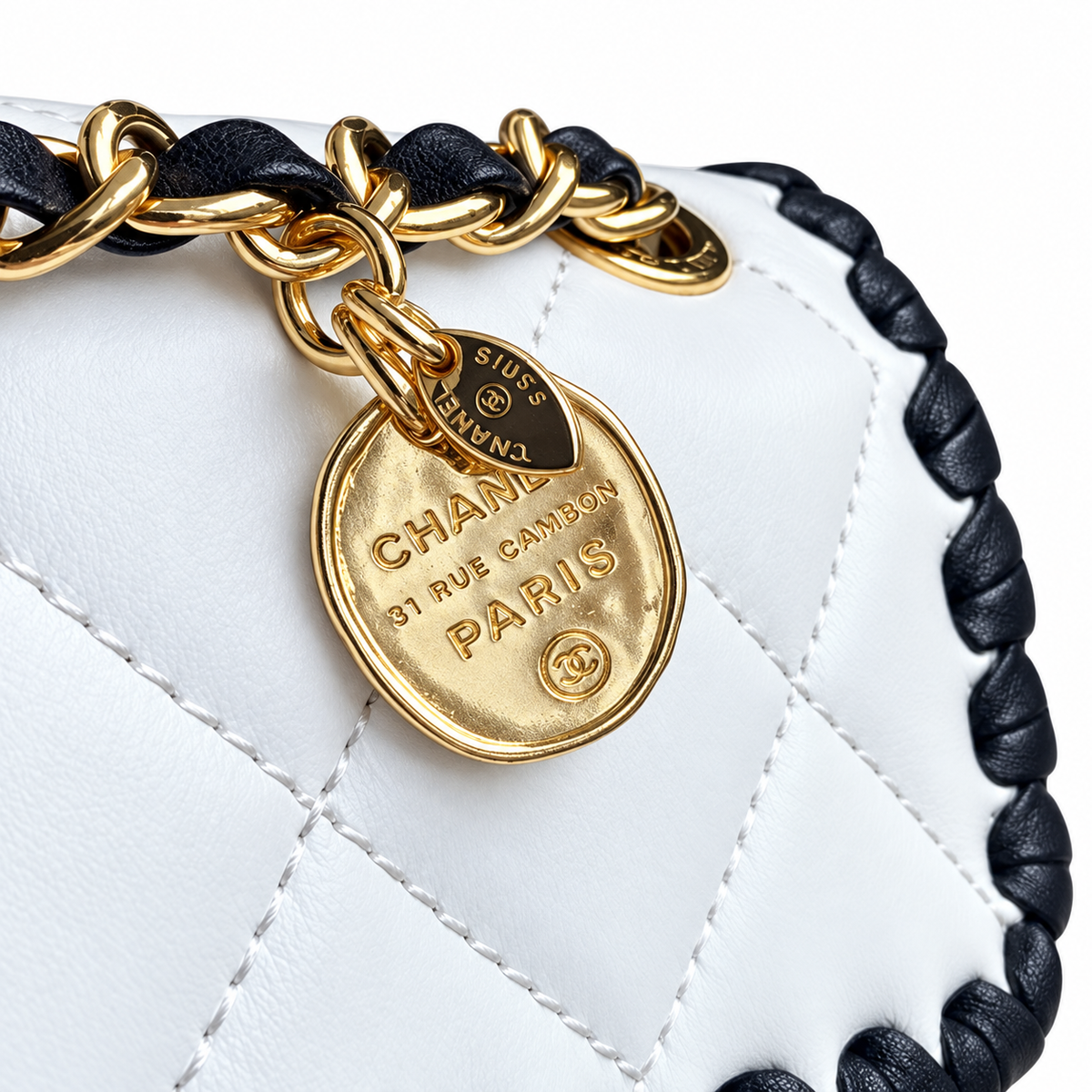 Chanel White Quilted Flap Bag with Black Braided Edge
