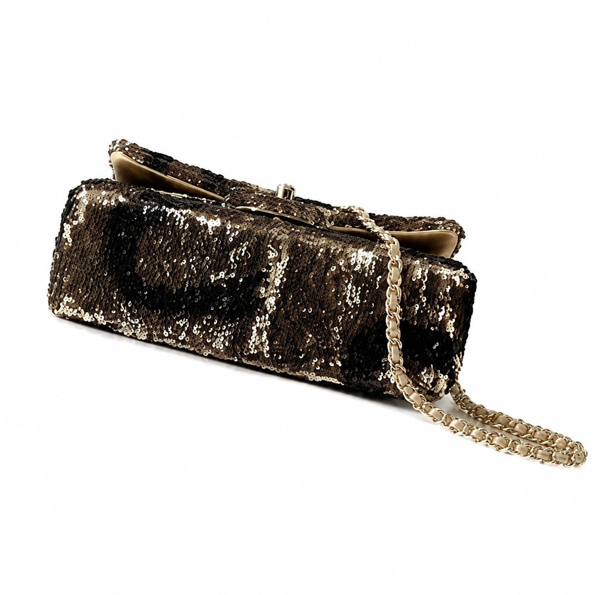 Chanel Classic Flap Bag in Black and Gold Striped Sequin with Gold Chain