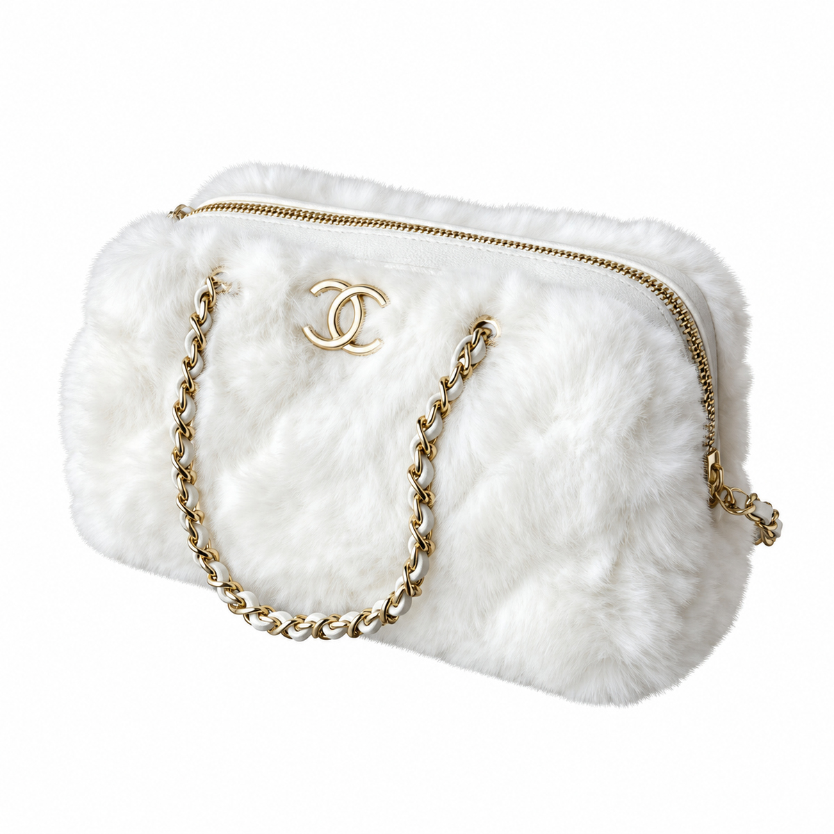 Chanel White Faux Fur CC Shoulder Bag with Chain