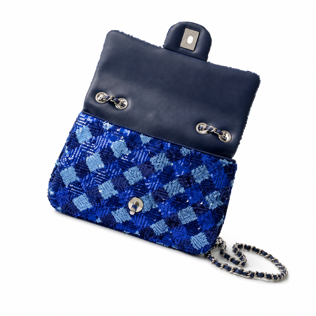 Chanel Quilted Royal Blue Sequin Classic Flap Bag with Silver CC Lock
