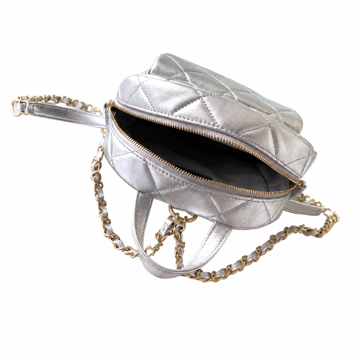 Chanel Quilted Mini Backpack in Silver Metallic Lambskin with Gold Chain