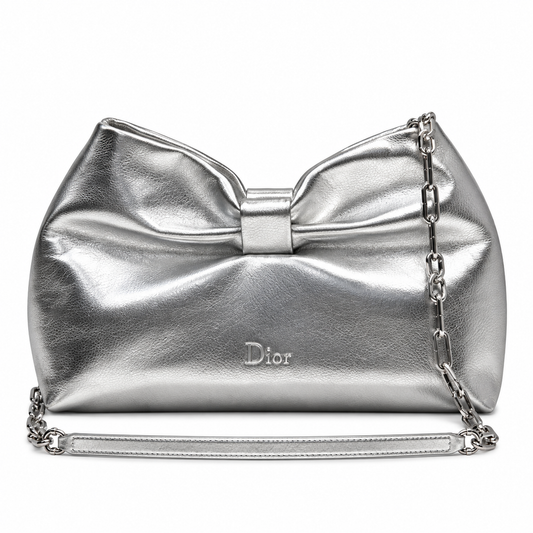 Dior Bow Bag in Silver Metallic Leather with Silver Chain Strap