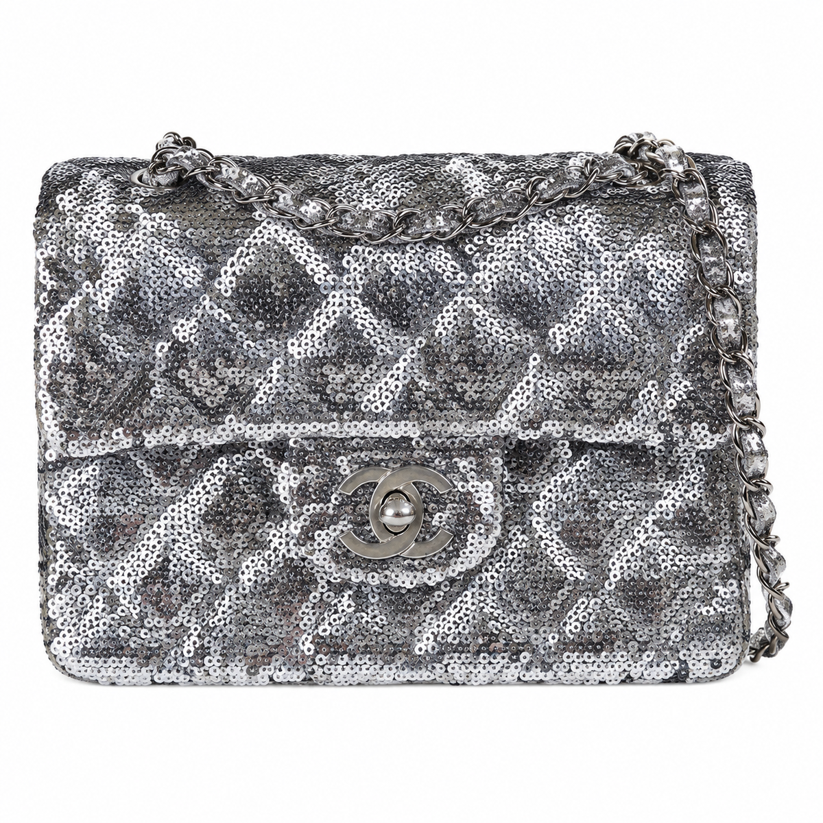 Chanel Silver Labyrinth Sequin Classic Flap Bag with Silver Chain