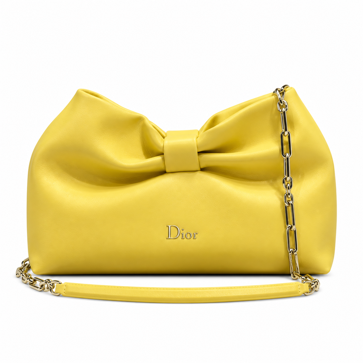 Dior Bow Clutch in Lemon Yellow Satin Leather with Gold Zip Closure