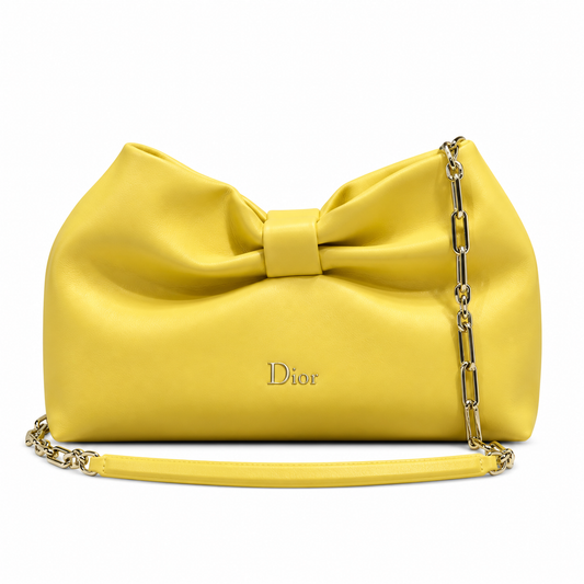 Dior Bow Clutch in Lemon Yellow Satin Leather with Gold Zip Closure