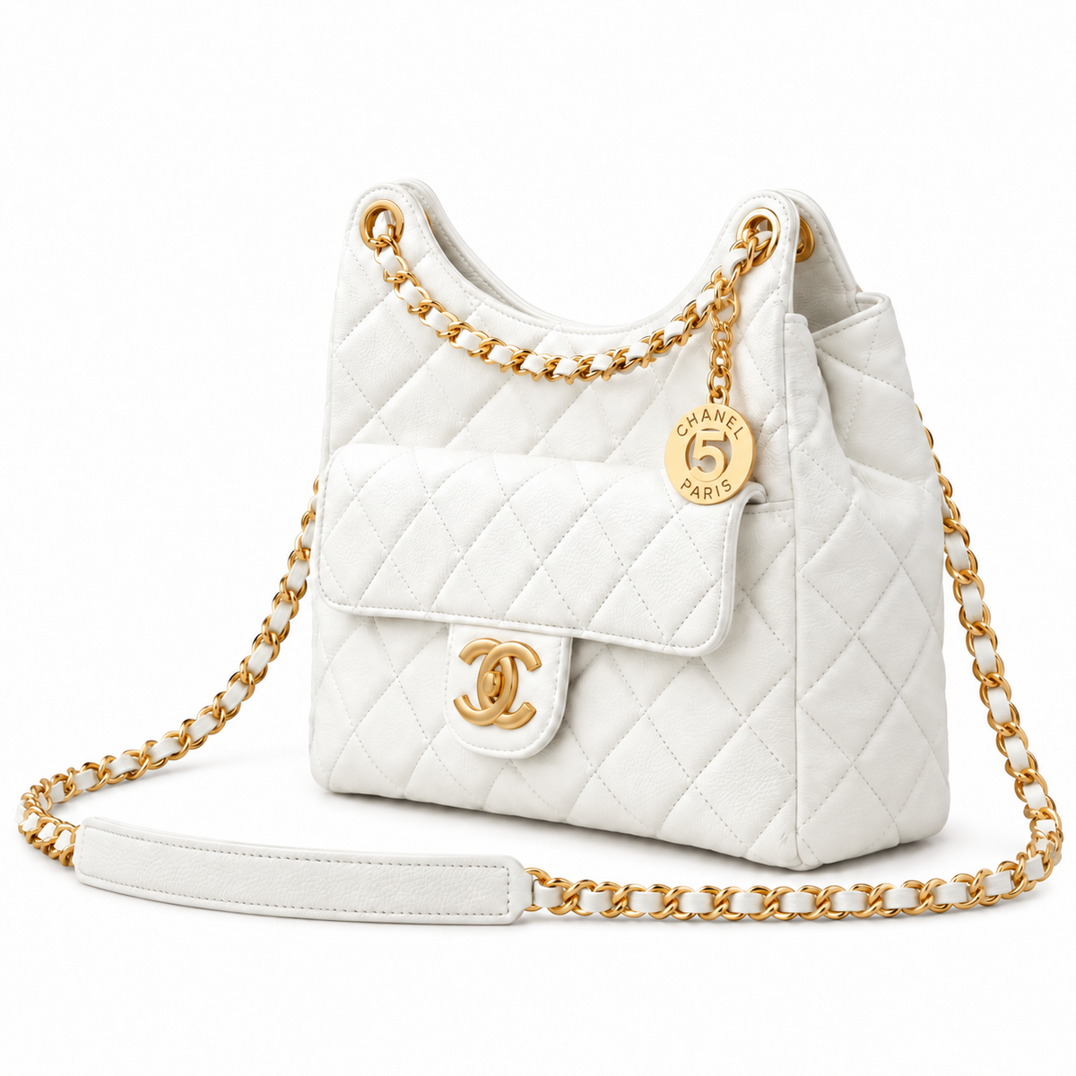 Chanel White Quilted Lambskin No.5 Hobo Bag with Chain