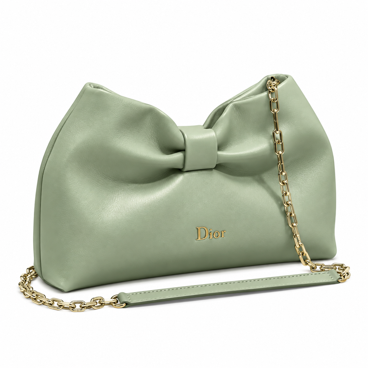 Dior Bow Bag in Sage Green Lambskin Leather with Bow-Shaped Gold Chain