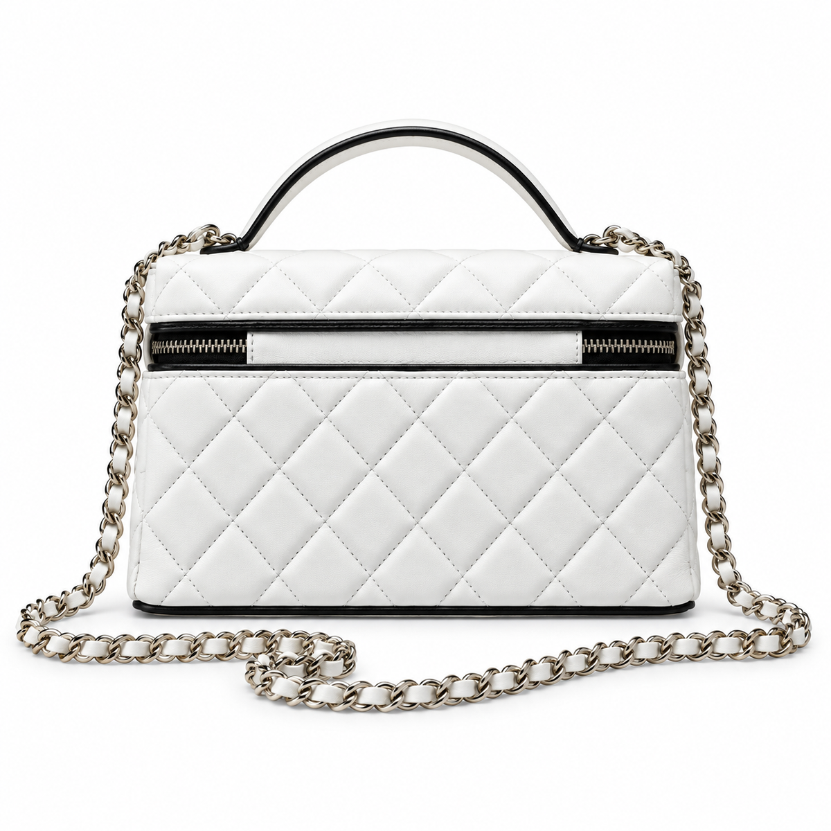 Chanel White Black Quilted Vanity Case with Chain