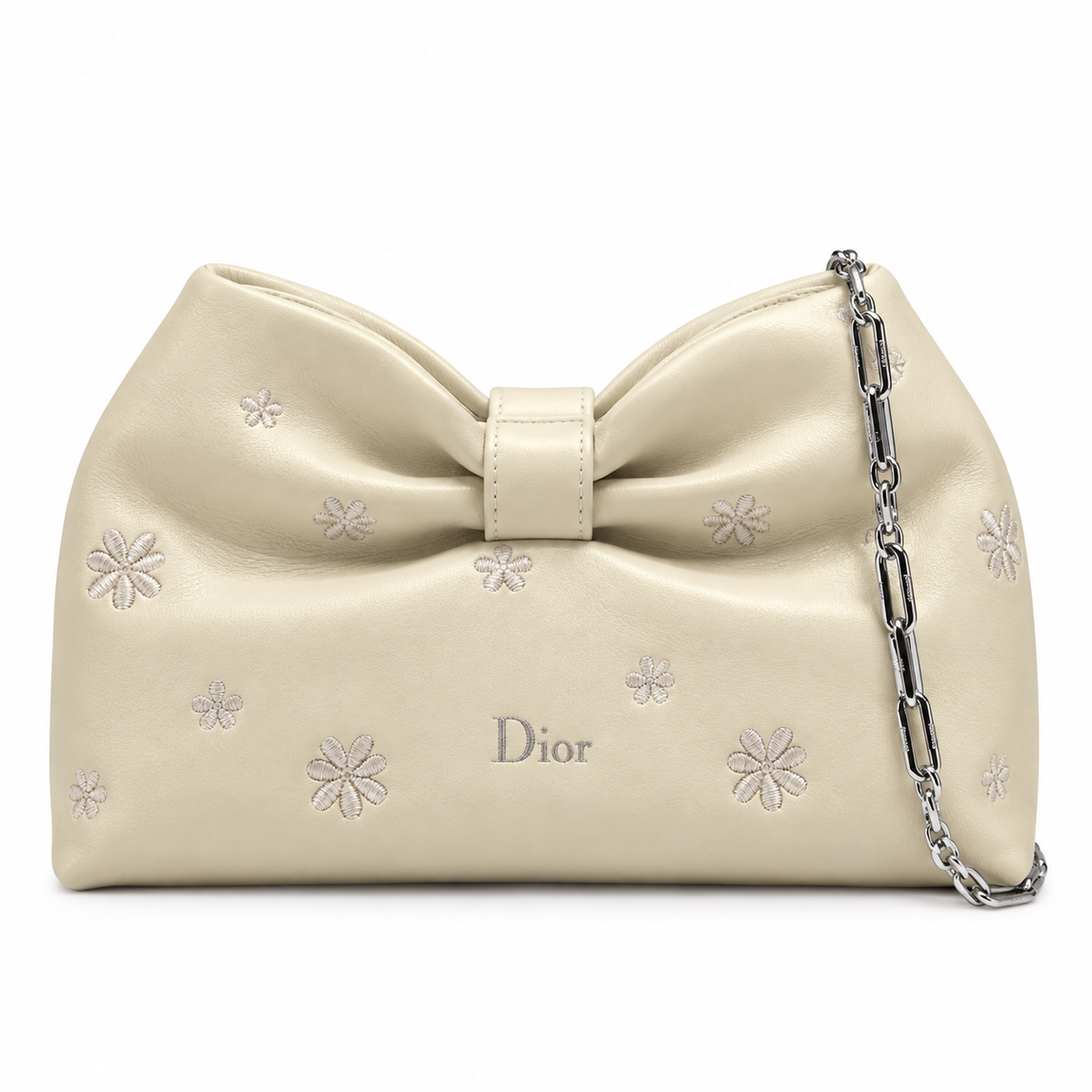 Dior Bow Bag in Ivory Lambskin with Floral Embroidery and Silver Chain