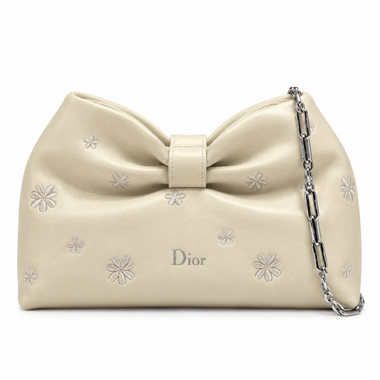 Dior Bow Bag in Ivory Lambskin with Floral Embroidery and Silver Chain
