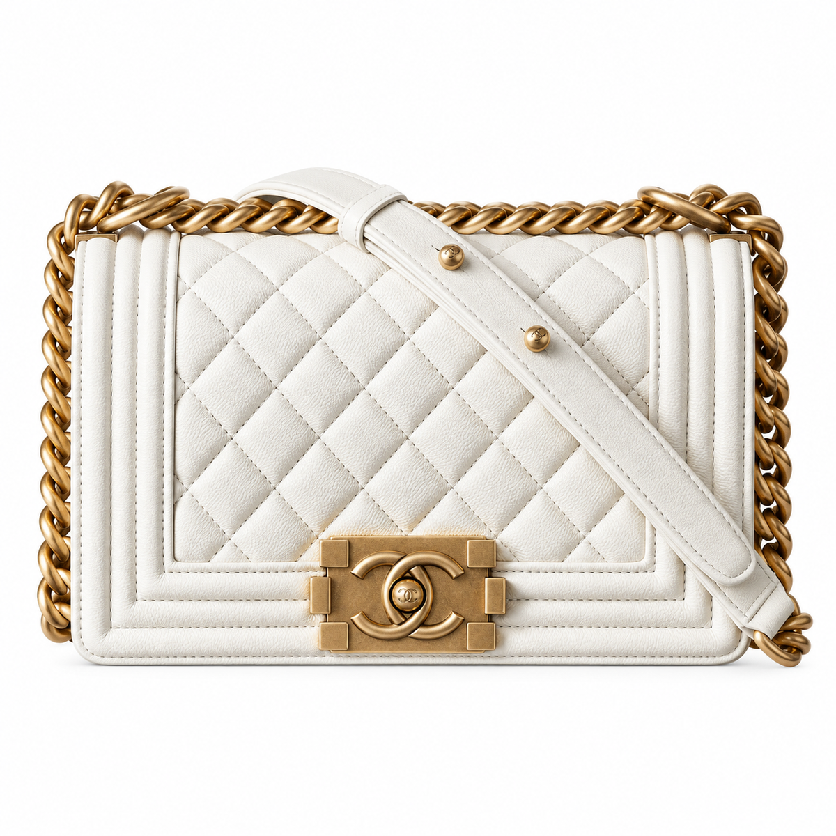 Chanel White Quilted Lambskin Medium Boy Bag