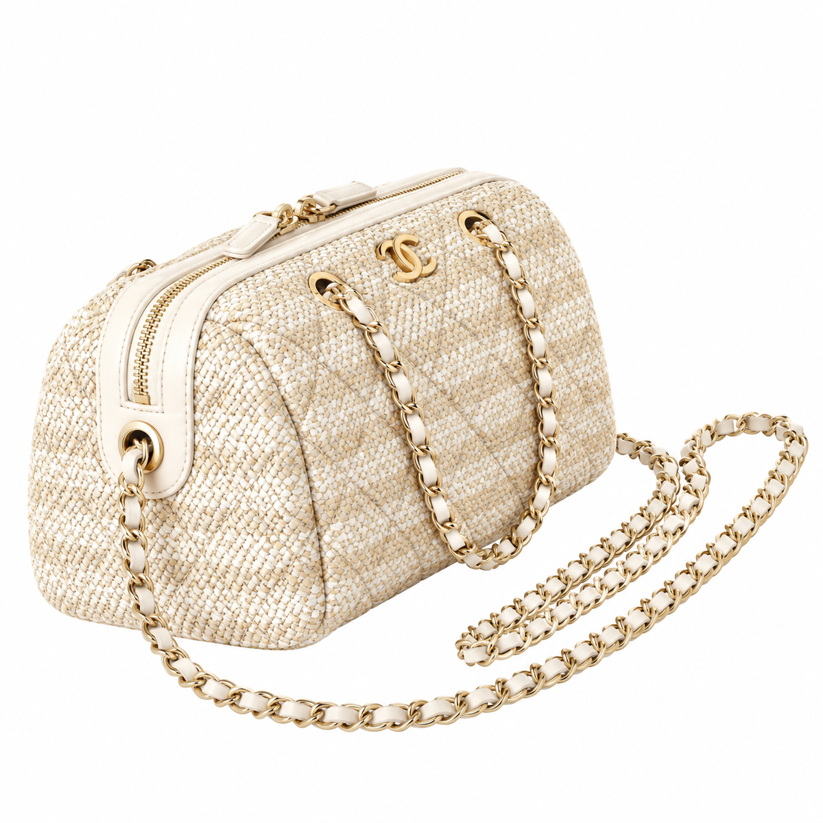 Chanel Beige Quilted Raffia Bowling Bag with Chain
