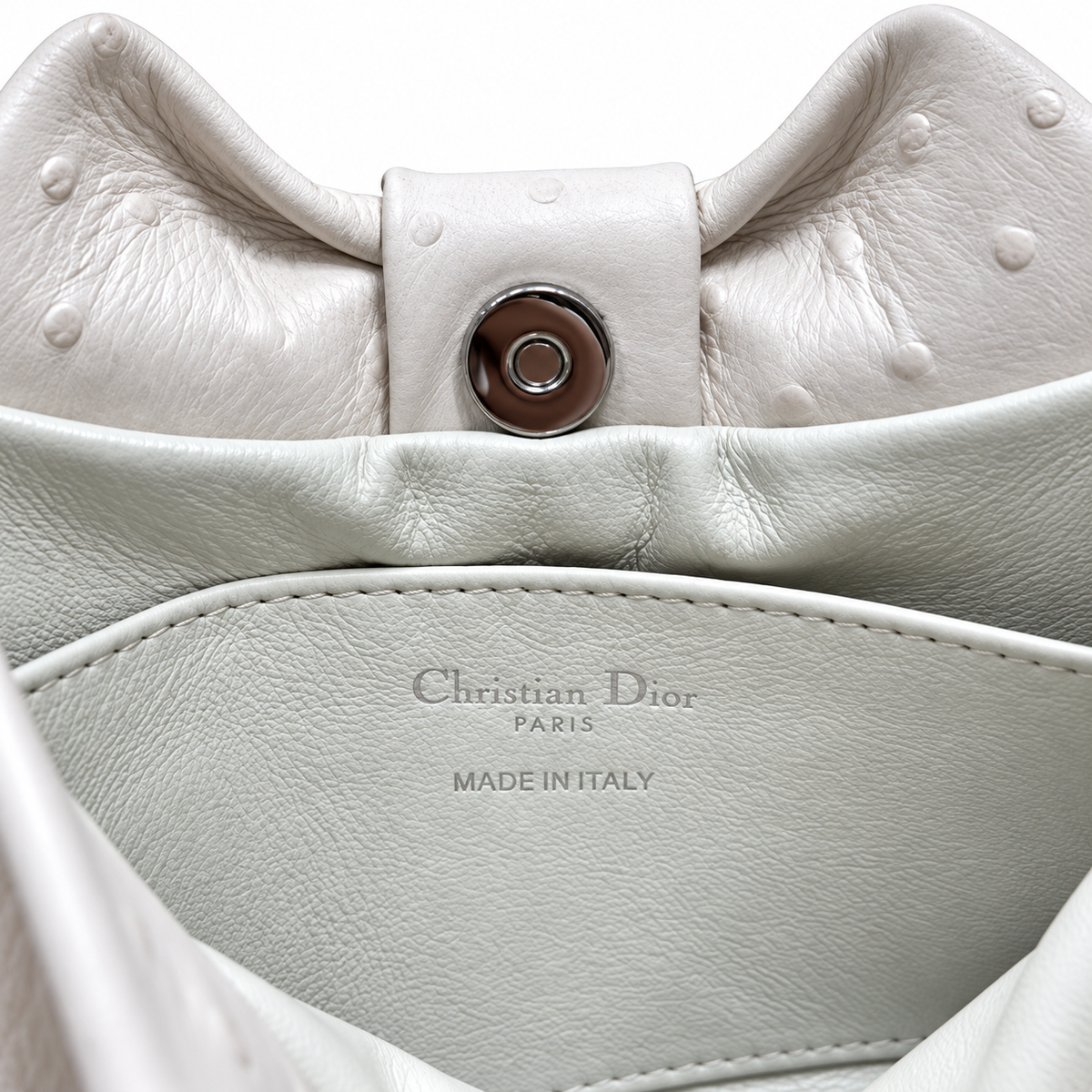 Dior Bow Bag in Ivory Ostrich-Embossed Leather with Silver Paperclip Chain