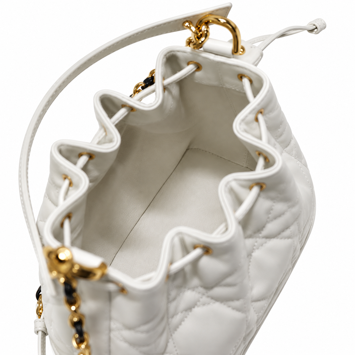 Dior Jolie Bucket Bag in White with Gold Drawstring Hardware