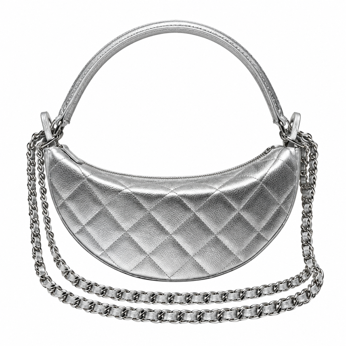 Chanel Silver Metallic Quilted Half Moon Bag with Chain