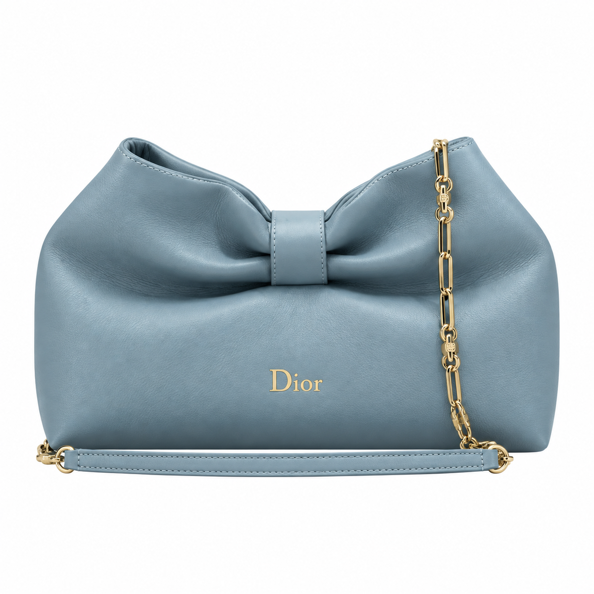 Dior Bow Bag in Ice Blue Lambskin Leather with Gold Ball-Chain Strap