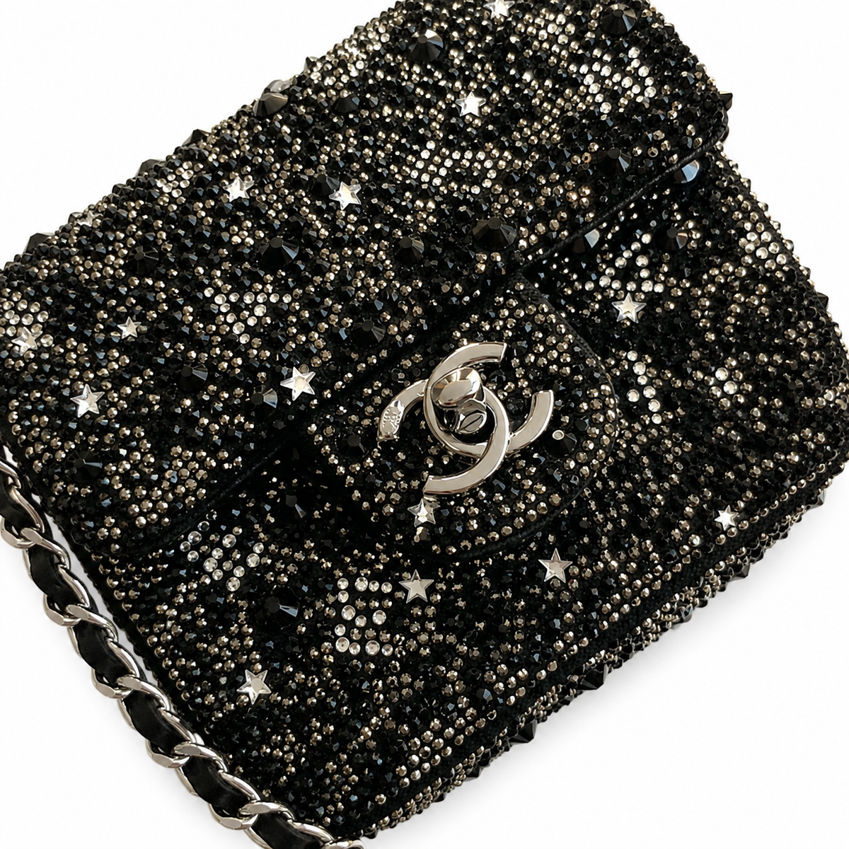 Chanel Classic Flap Bag in Black Crystal Embellishment with Silver CC Lock