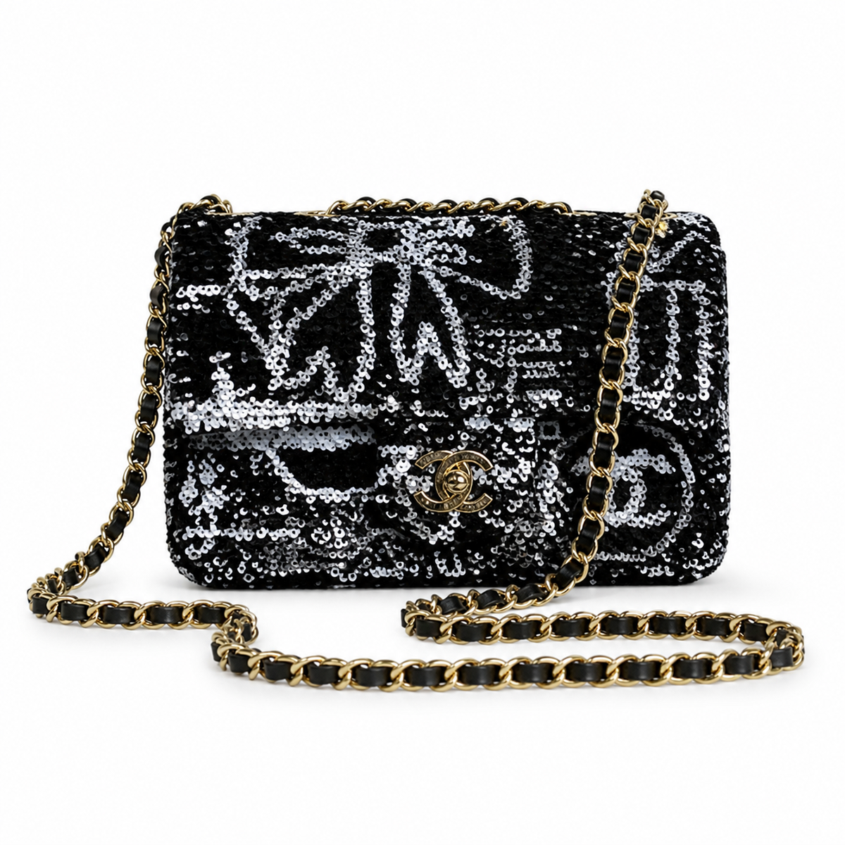Chanel Silver Bow Sequin Classic Flap Bag with Silver Chain