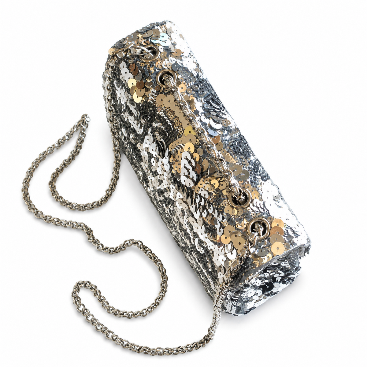 Chanel Classic Flap Bag in Silver and Gold Mixed Sequin with Silver Chain