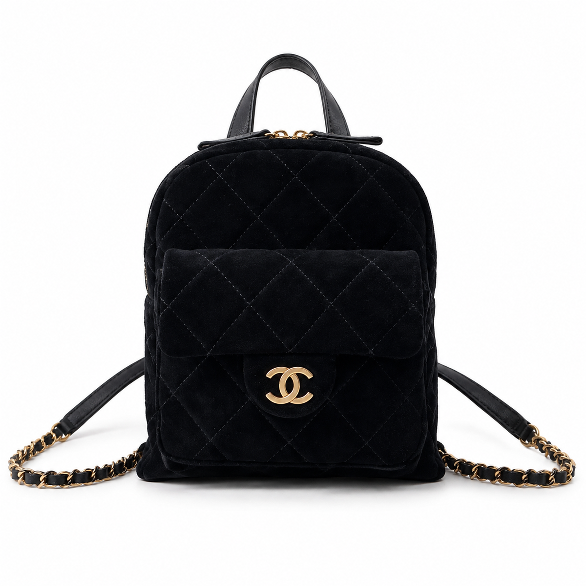Chanel Quilted Mini Backpack in Black Suede with Antique Gold Chain