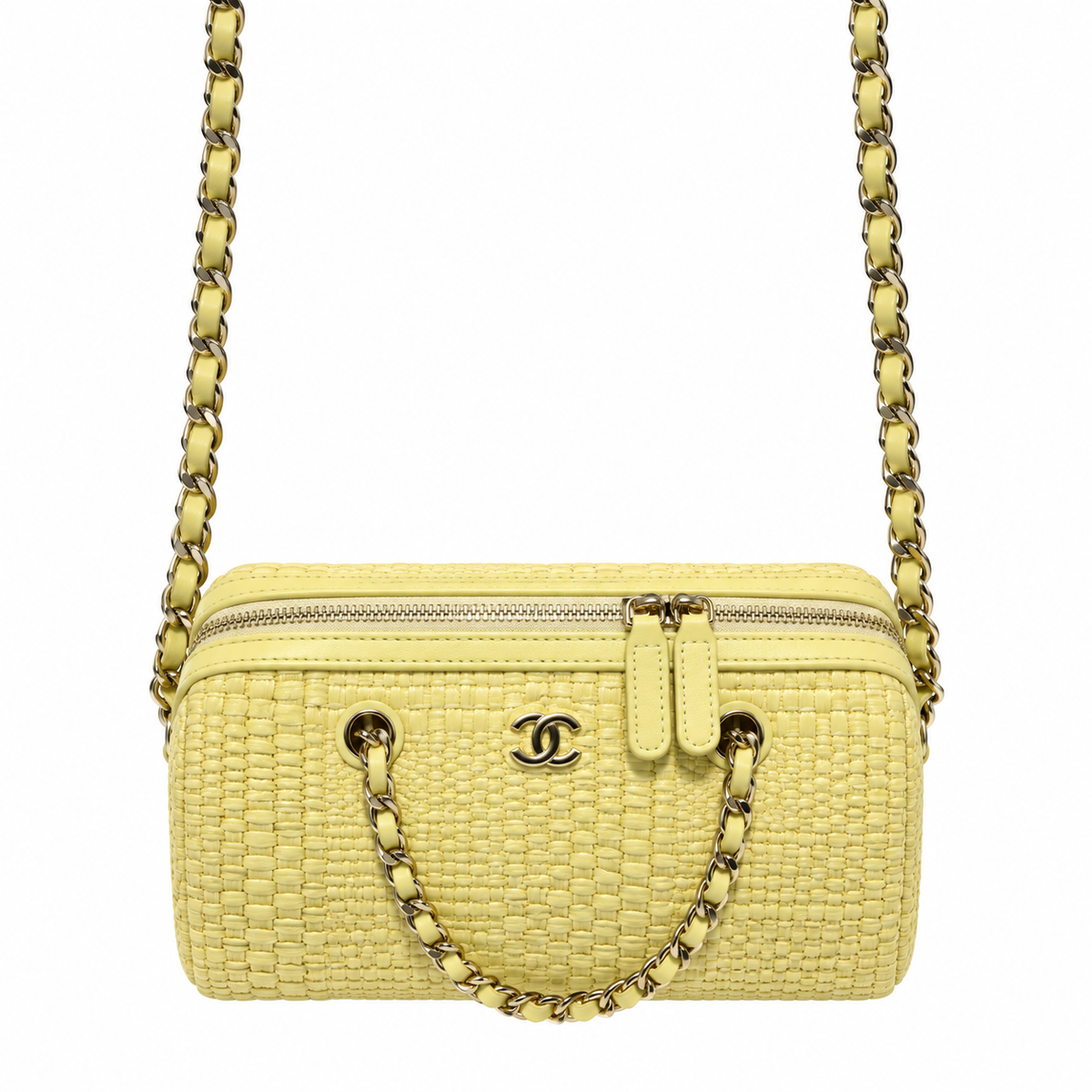 Chanel Lemon Yellow Woven Raffia Small Vanity Case