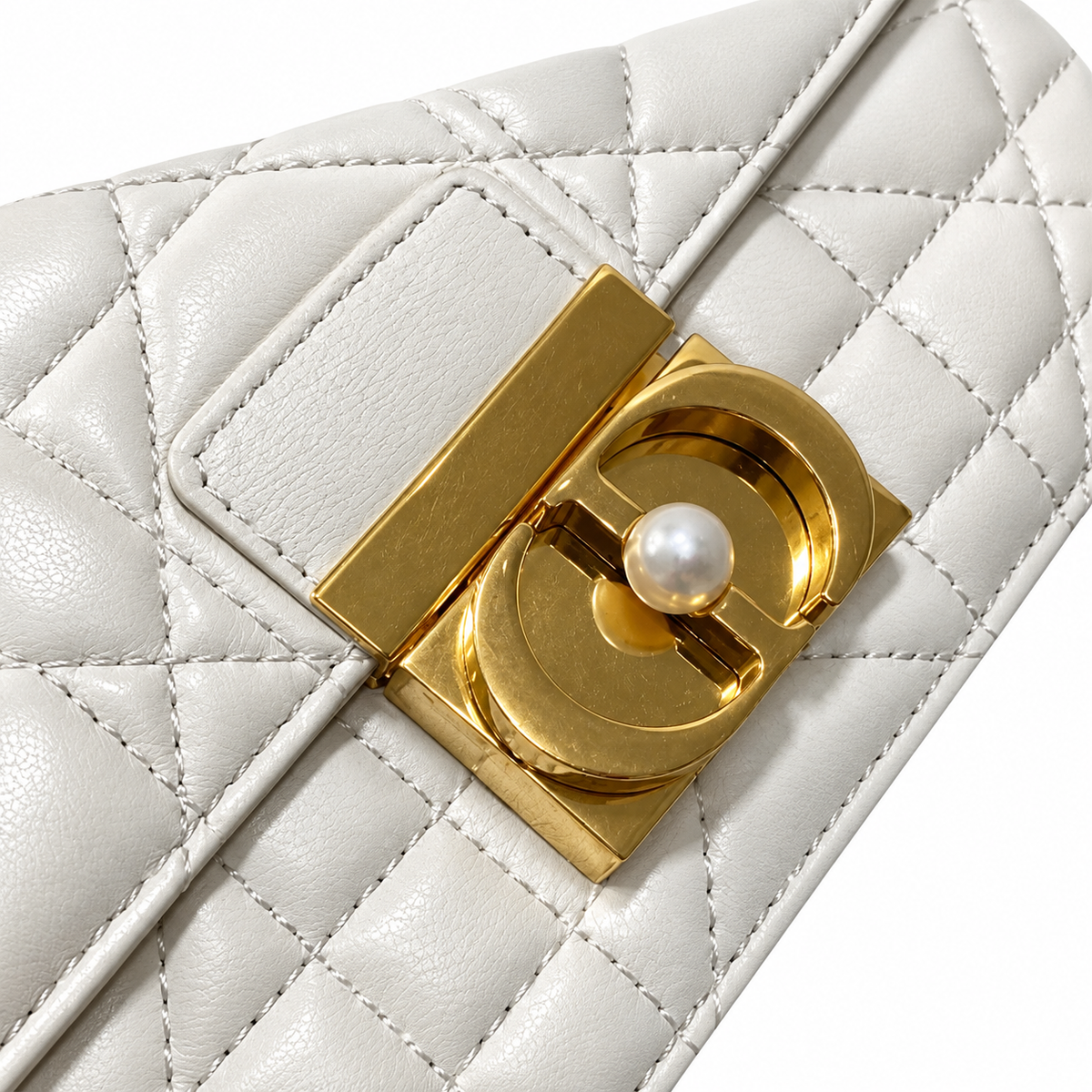 Dior White Caro Cannage Pearl CD Lock Bag