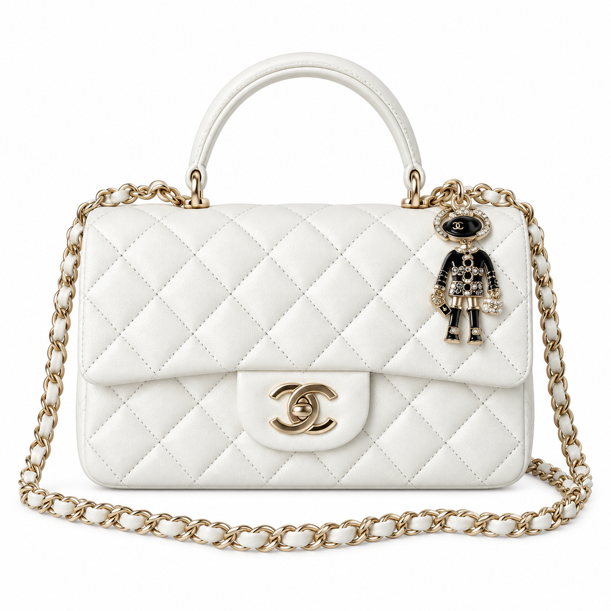 Chanel White Quilted Top Handle Flap Bag with Doll Charm