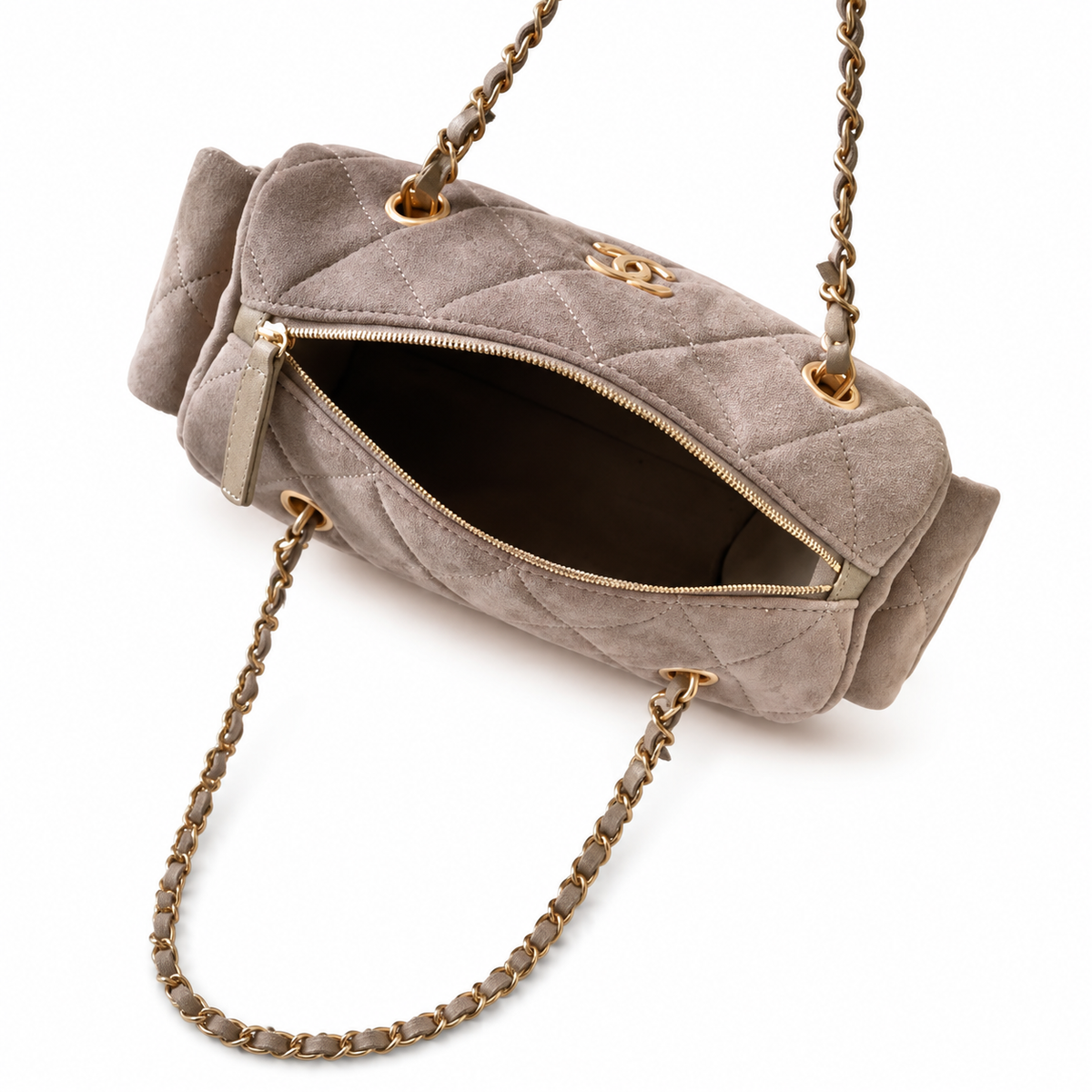 Chanel Quilted Taupe Suede Camera Bag with Antique Gold CC Logo
