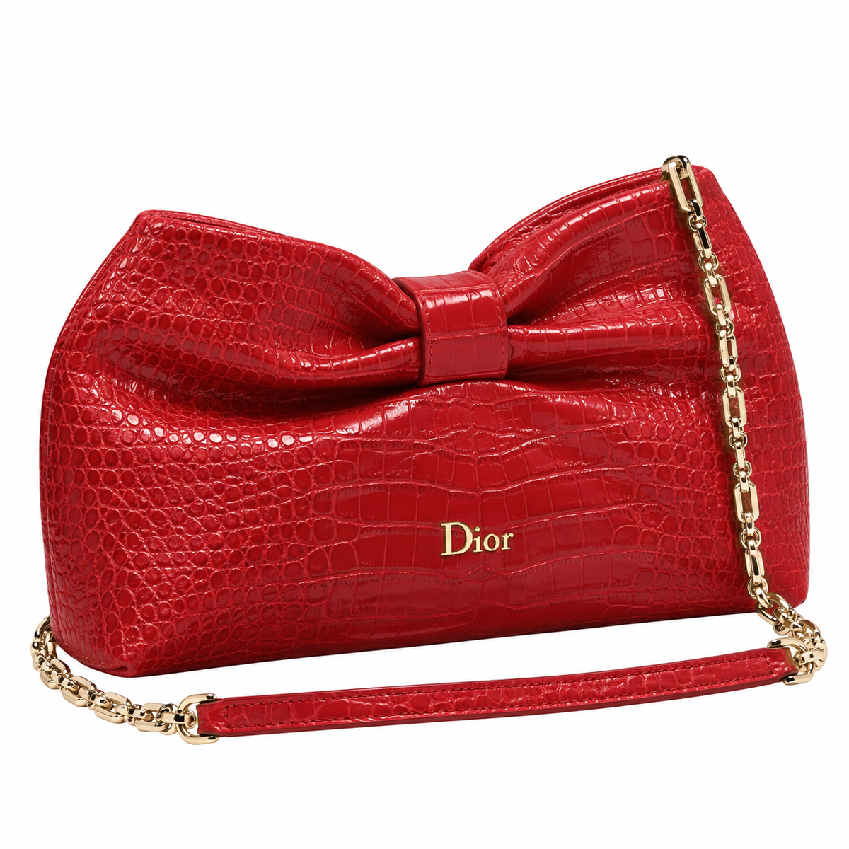 Dior Bow Bag in Rose Red Crocodile-Embossed Leather with Gold Dior Logo