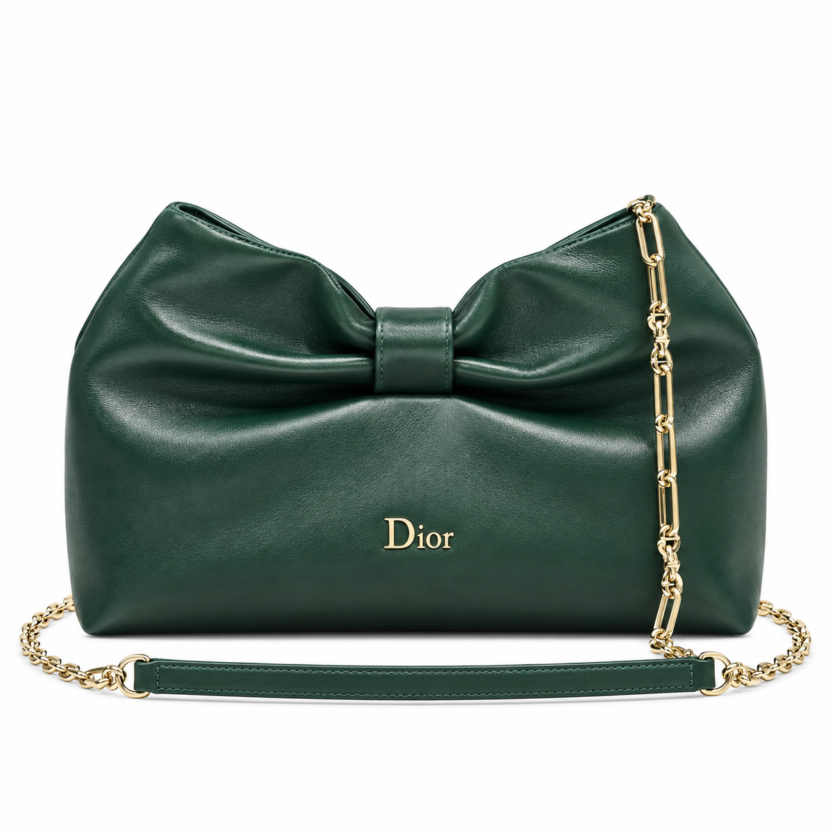 Dior Bow Bag in Forest Green Lambskin Leather with Gold Ring Hardware