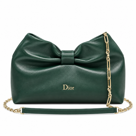 Dior Bow Bag in Forest Green Lambskin Leather with Gold Ring Hardware
