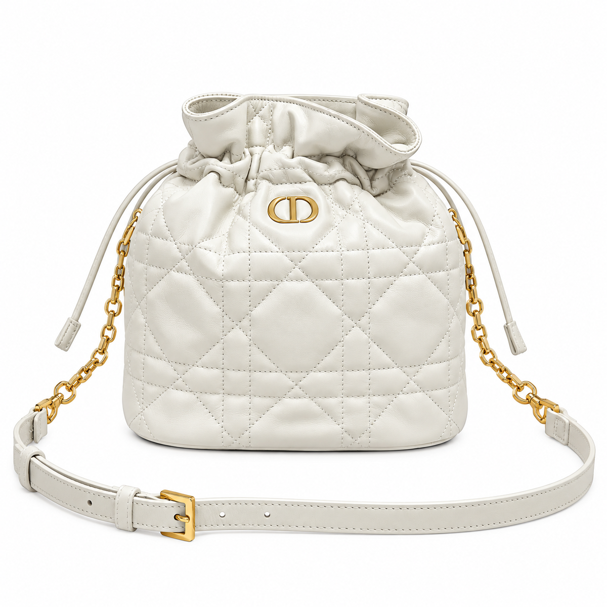 Dior White Cannage Quilted CD Chain Bucket Bag