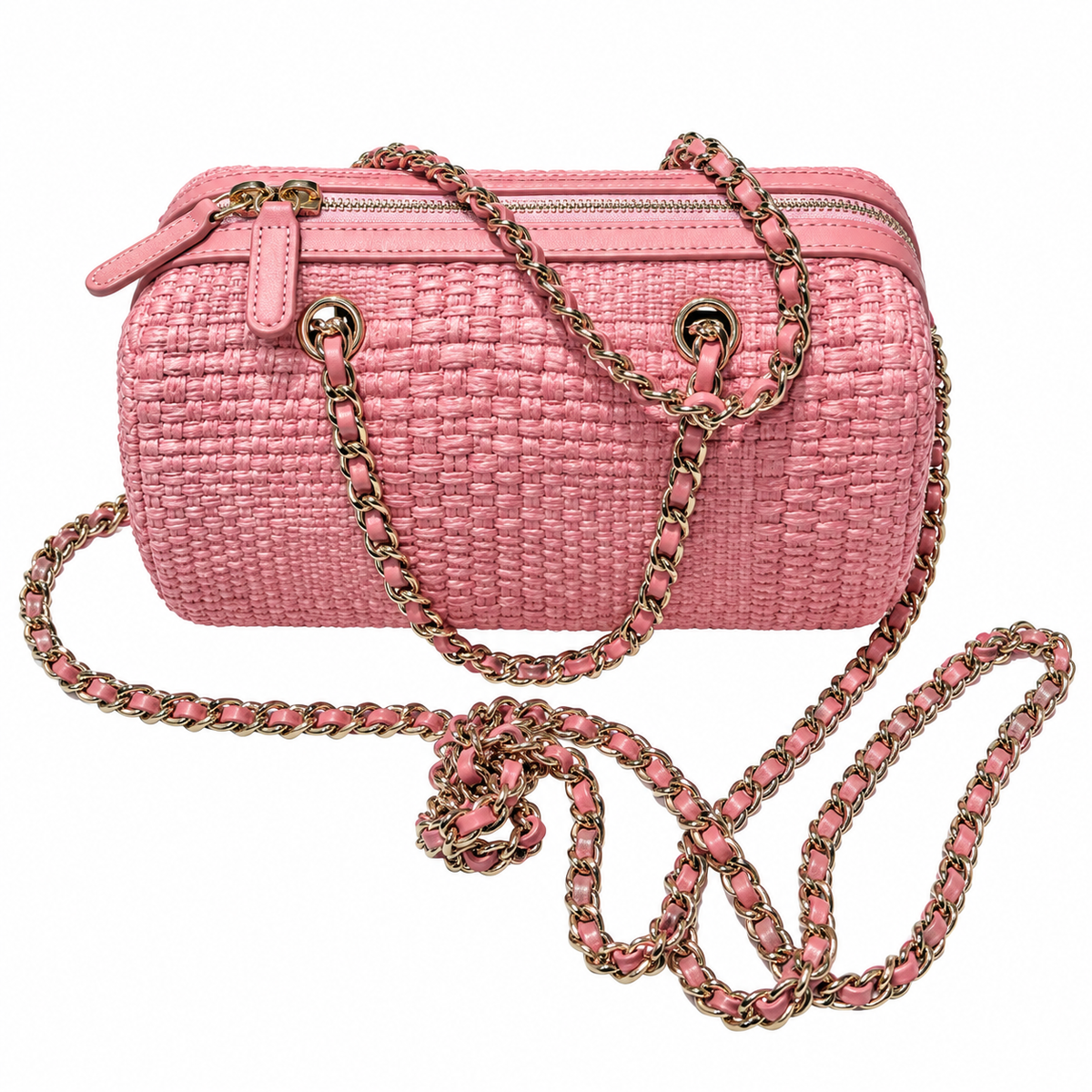 Chanel Pink Woven Raffia Small Vanity Case with Chain