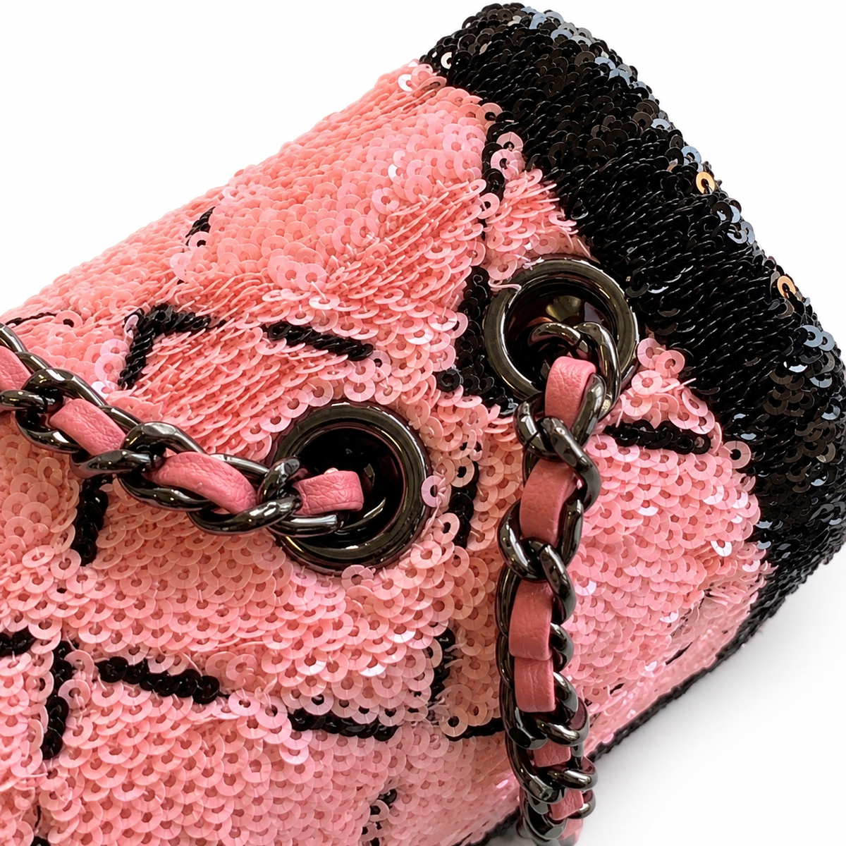 Chanel Quilted Pink and Black Sequin Classic Flap Bag with Gunmetal Chain