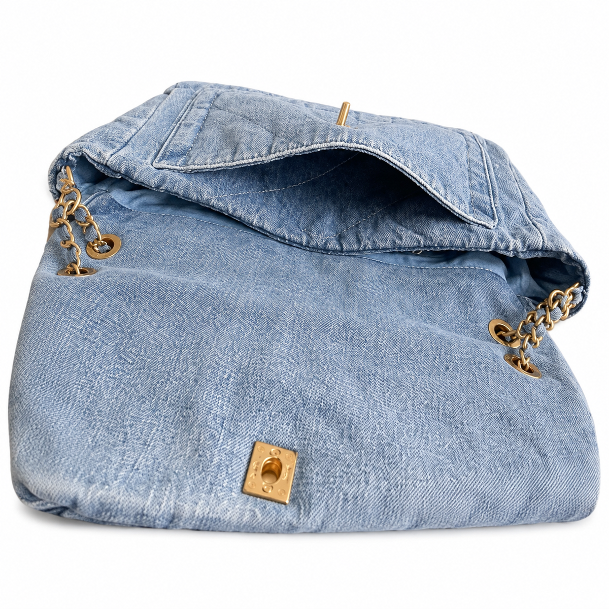 Chanel Quilted Denim Chain Tote Bag in Light Blue with Gold CC Charm