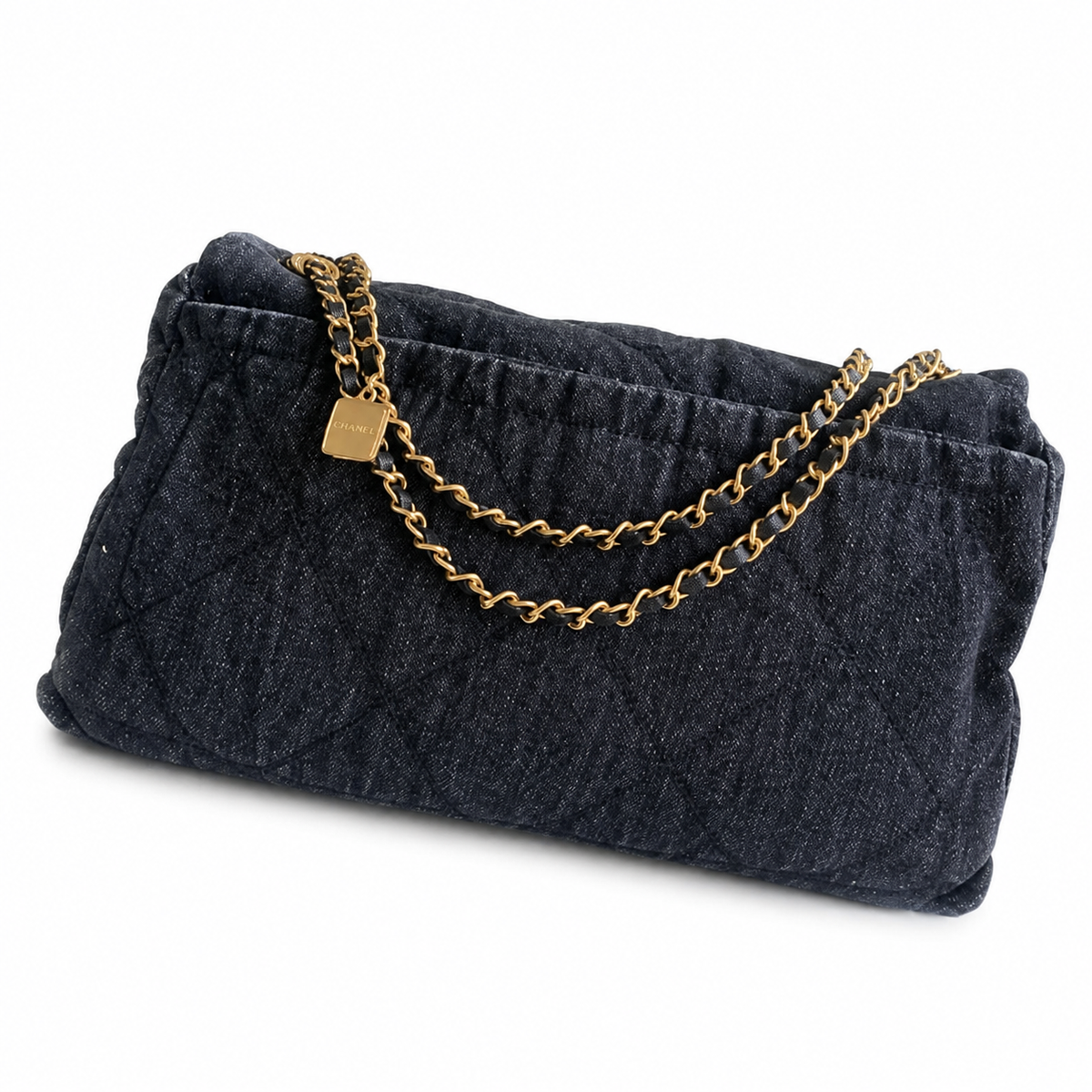 Chanel Quilted Navy Denim Flap Bag with Gold CC Lock and Charm