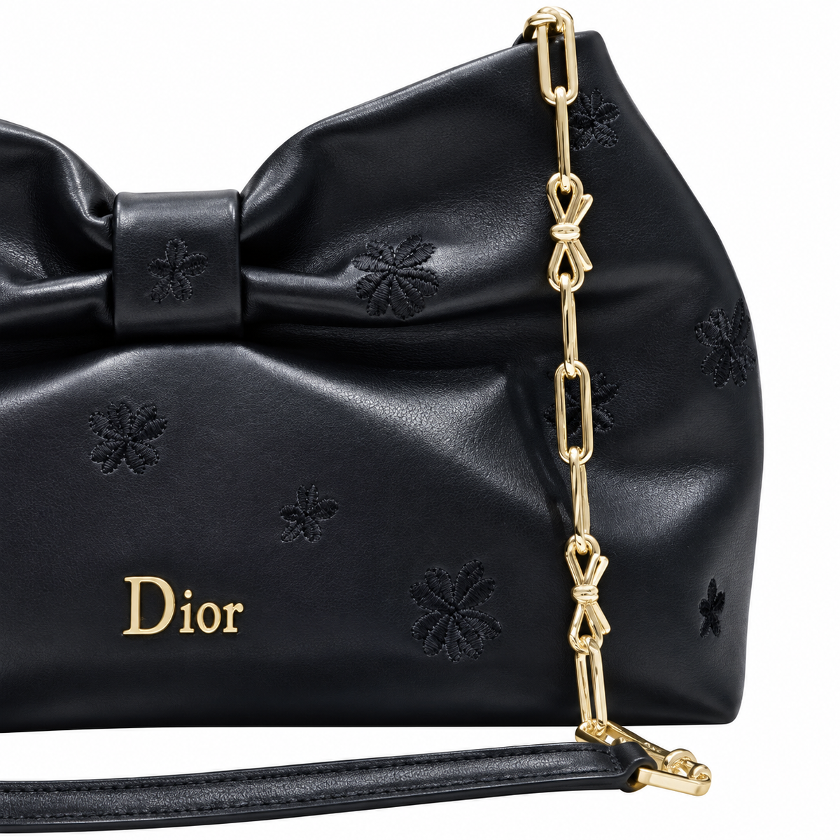 Dior Bow Bag in Black Leather with Floral Embroidery and Gold Chain